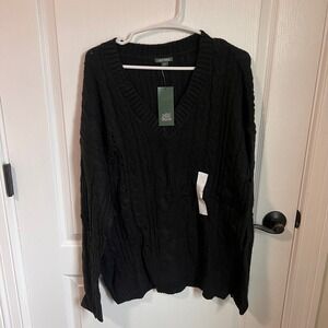 Wild Fable Mens Black Cable Knit Distressed V-Neck Sweater Large 331 03 1249 NEW